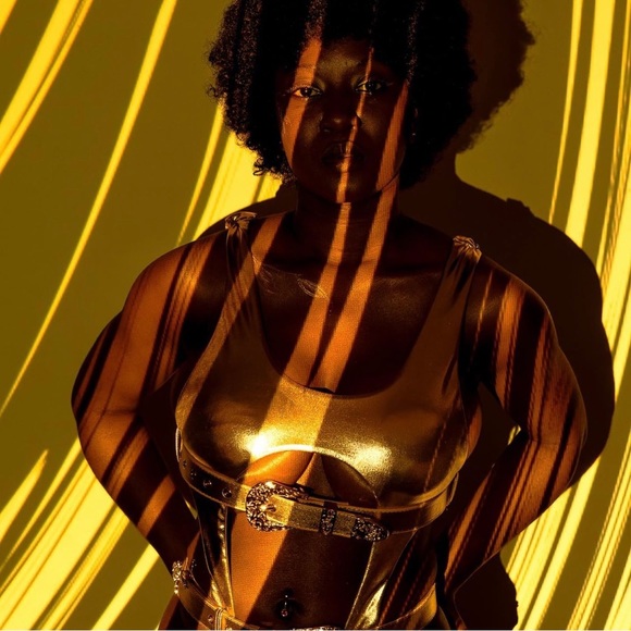 4.Double belted metallic gold one piece bikini size L - Picture 2 of 10